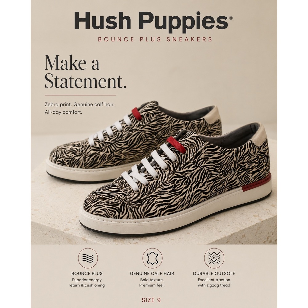NEW Hush Puppies Sneakers‎ Womens 9 Zebra Print Calf Hair Lace Up Low Top Shoes